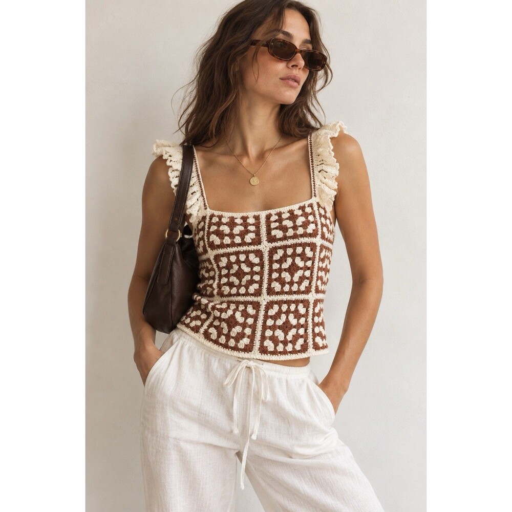 Marine Layer Cora Crochet Tank Brown Cream Granny Square Ruffle Top Size S